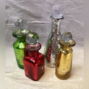 Glass Bottle Set 4 Painted with Crystal Stoppers Made in India Window Decor